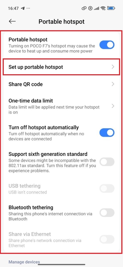 POCO F7 -puhelimen hotspot-asetusvalikko