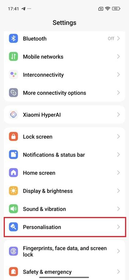 Menuen for personaliseringsindstillinger p&aring; POCO F7