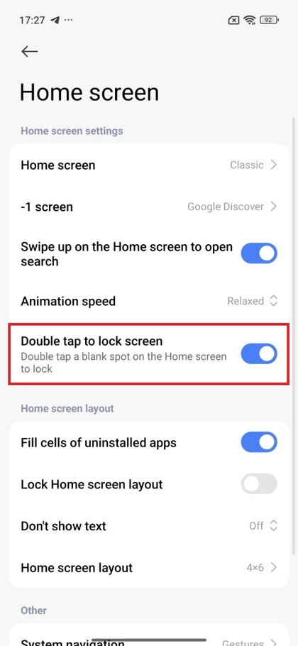 Opci&oacute;n de doble toque para bloquear la pantalla en los ajustes