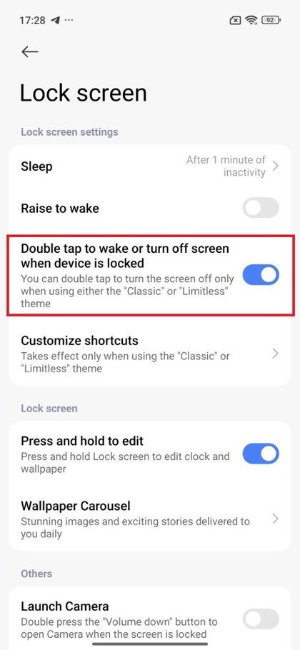 Opci&oacute;n de doble toque para activar la pantalla en los ajustes