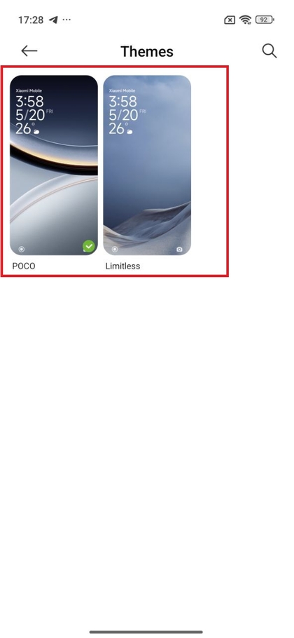 Pantalla de selecci&oacute;n de temas en POCO F7 Pro