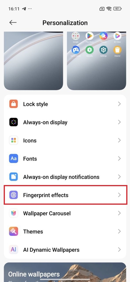 POCO F7 shaxsiylashtirish sozlamalarida barmoq izi effektlari opsiyasi