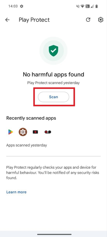 Google Play Protect scan button