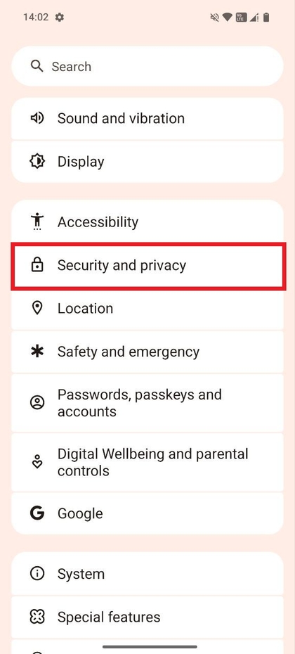 Security and privacy section in settings