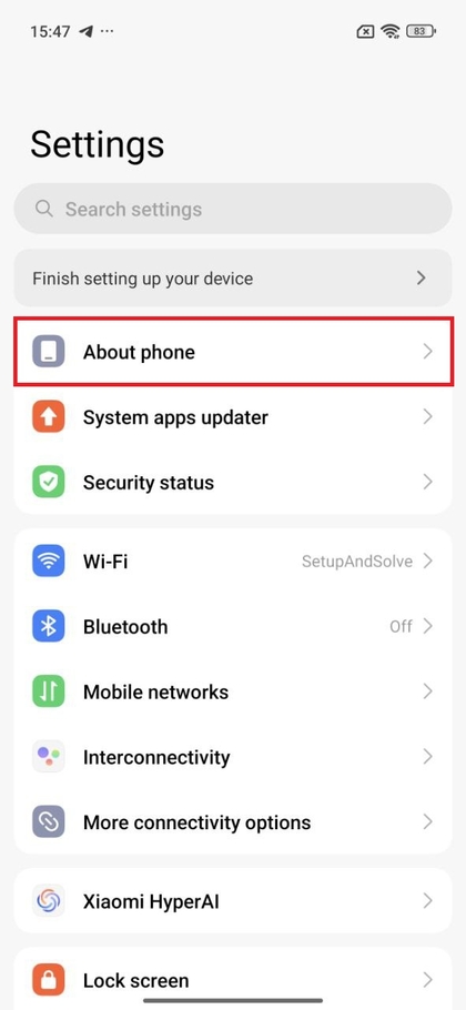 Auf den Abschnitt '&Uuml;ber das Telefon' in den Einstellungen zugreifen