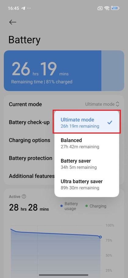 Battery (Akku) Einstellungen, die die Option zum Wechsel zum Ultimate Mode anzeigen