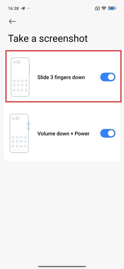 Mit drei Fingern nach unten wischen, um einen Screenshot zu erstellen