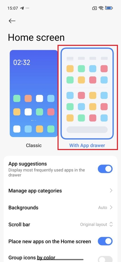 Option App-Drawer-Layout auf dem POCO F7