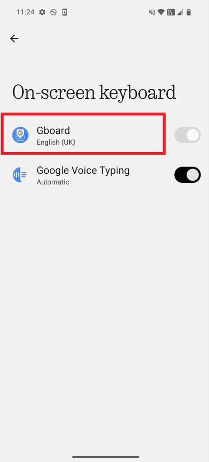 Option Gboard unter den Bildschirmtastatur-Einstellungen