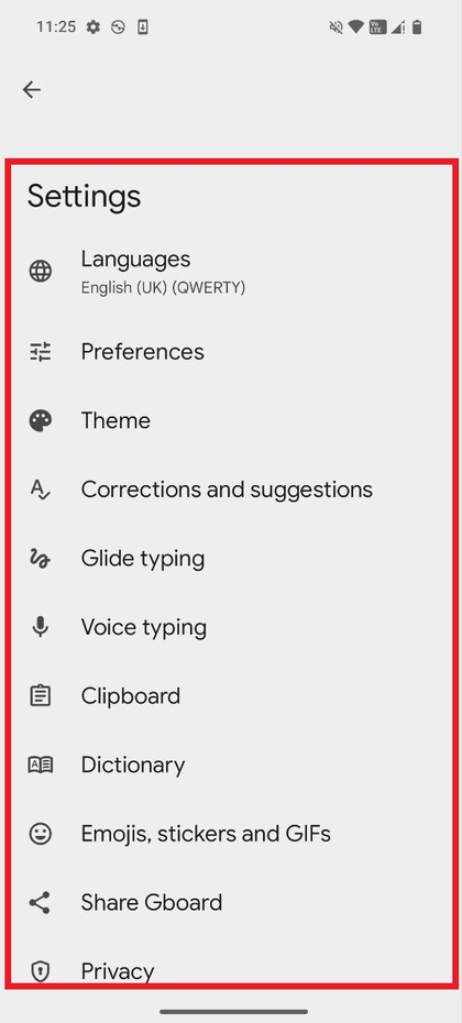 Option Einstellungen unter den Bildschirmtastatur-Einstellungen