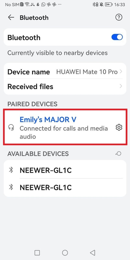 Selecting Marshall Major V in Bluetooth list