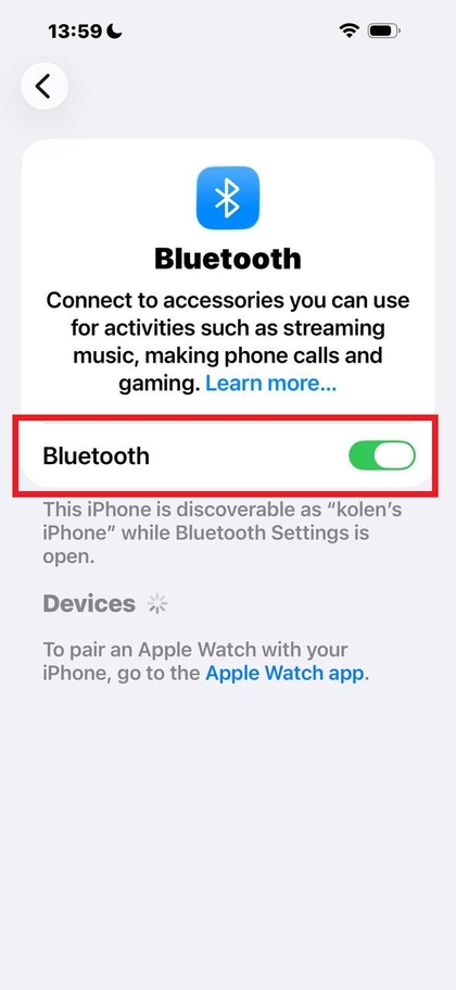 Bluetooth-optie in iPhone-instellingen
