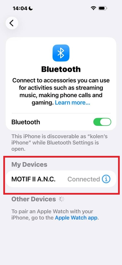 Marshall Motif II ANC geselecteerd op iPhone