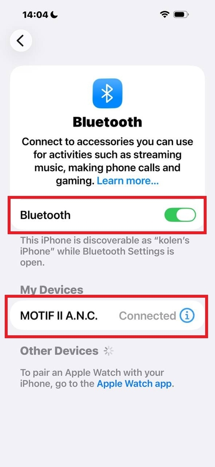 Smartphone Bluetooth settings