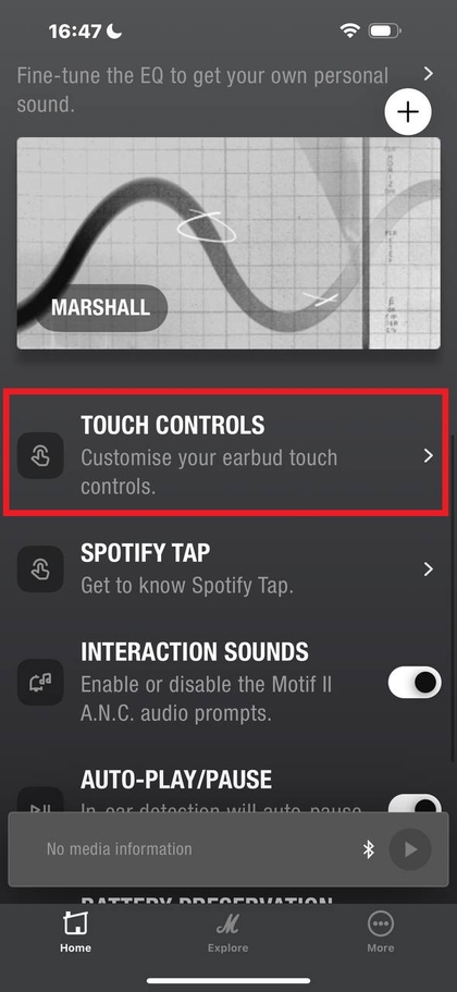 Navigating to Touch Controls in the Marshall app