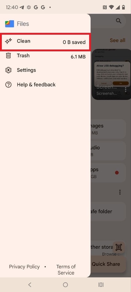 Optie 'Clean' (Opschonen) in de Files-app op Motorola EDGE 60 Fusion