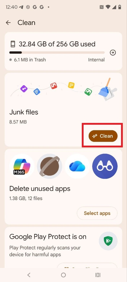 Optie voor het opschonen van ongewenste bestanden in de Files-app op Motorola EDGE 60 Fusion