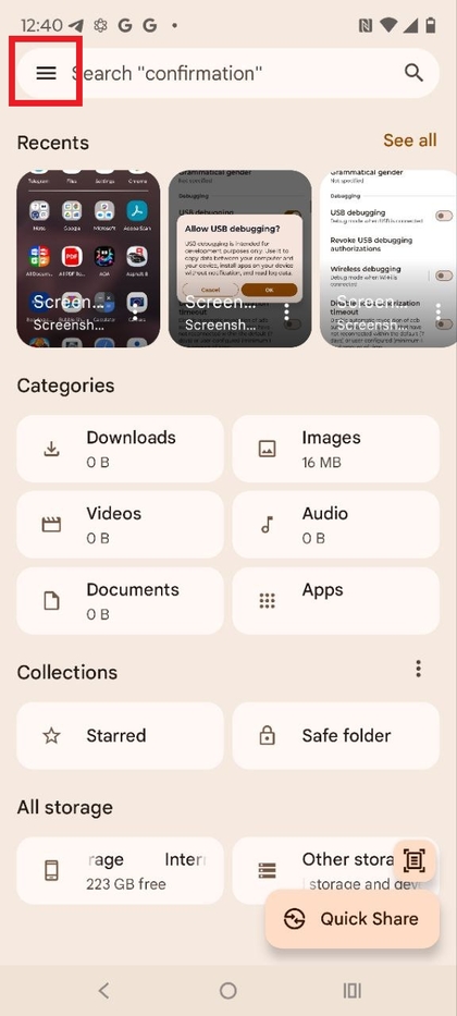 Menupictogram in de Files-app op Motorola EDGE 60 Fusion