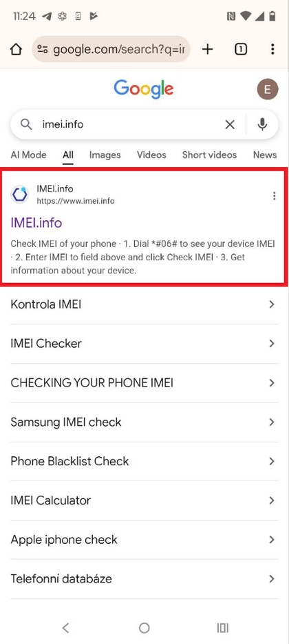 IMEI.info website in browser