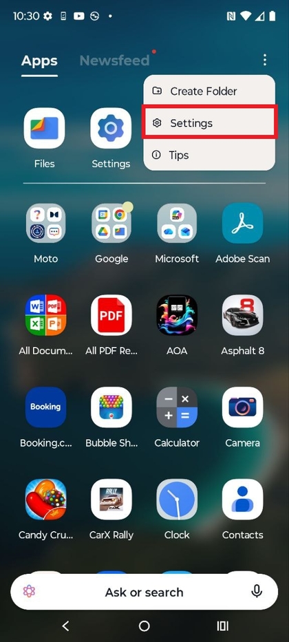 Instellingenmenu in de app drawer van Motorola EDGE 60 Fusion