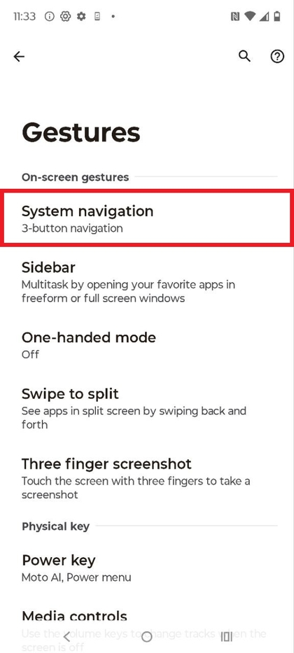 Impostazioni di navigazione di sistema di Motorola EDGE 60 Fusion