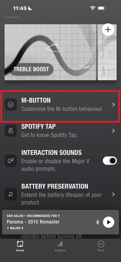 M Button settings section in the app