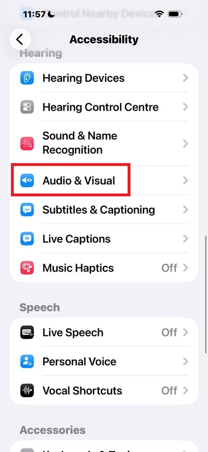 iPhone Accessibility settings screen showing Audio & Visual options