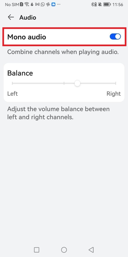 Mono audio enabled on Android settings