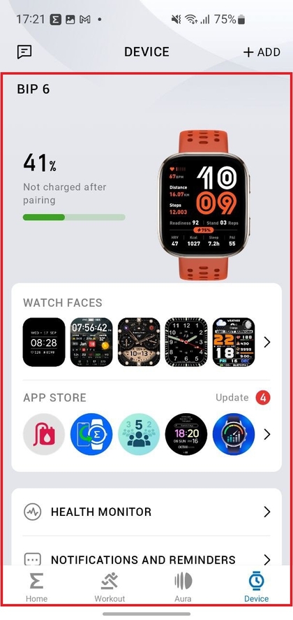 Pagina del dispositivo che mostra Amazfit Bip 6 accoppiato con successo