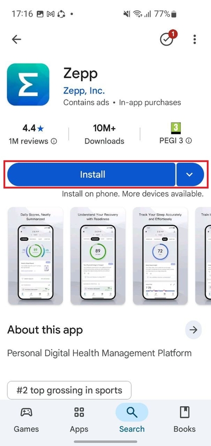 Google Play Store che mostra la pagina di installazione dell'app Zap