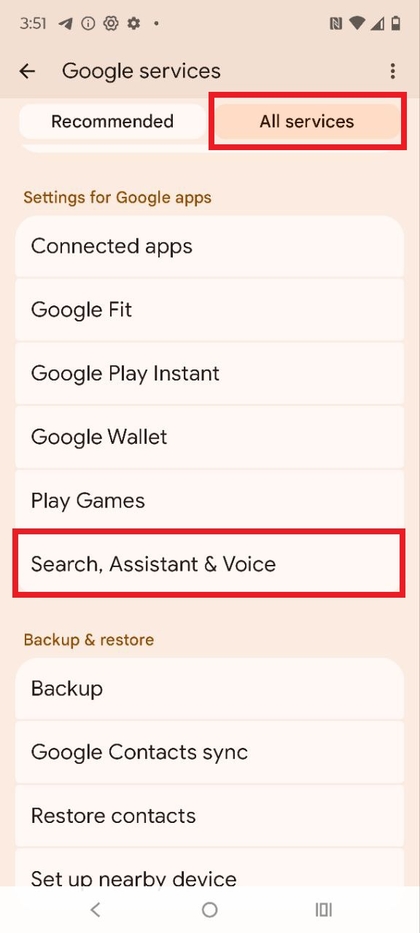 Search, Assistant & Voice options in Google settings