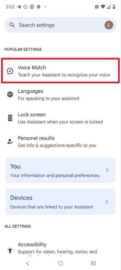 Voice Match settings to enable Hey Google