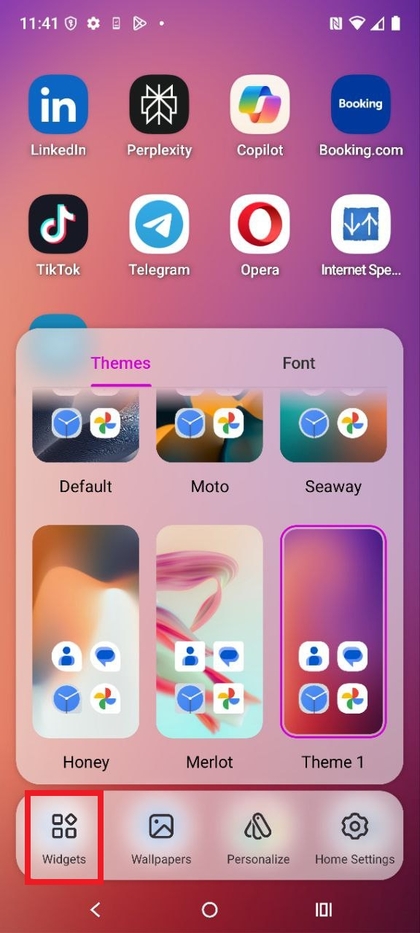 Widgets selection screen on Motorola EDGE 60 Fusion