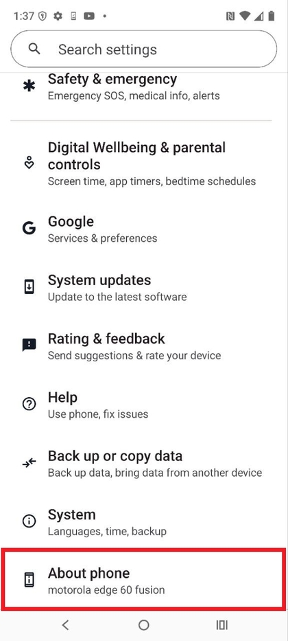 About Phone option in settings on Motorola