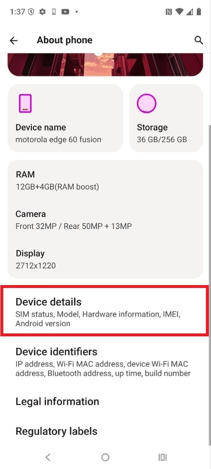 Device Details in settings Motorola