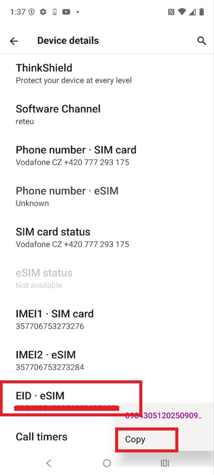 EID number in settings Motorola