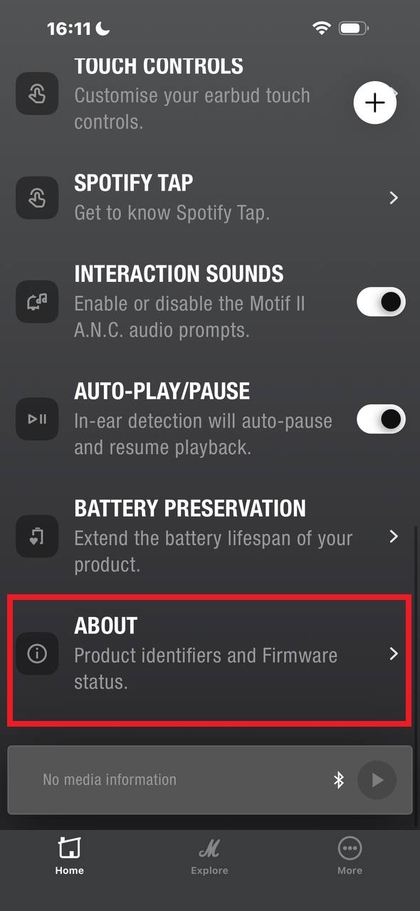Settings menu in Marshall Bluetooth app