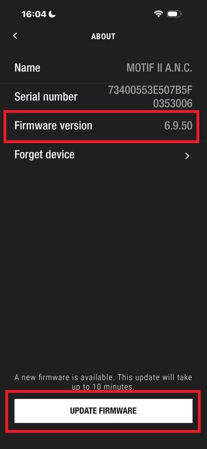 Software update option in Marshall app