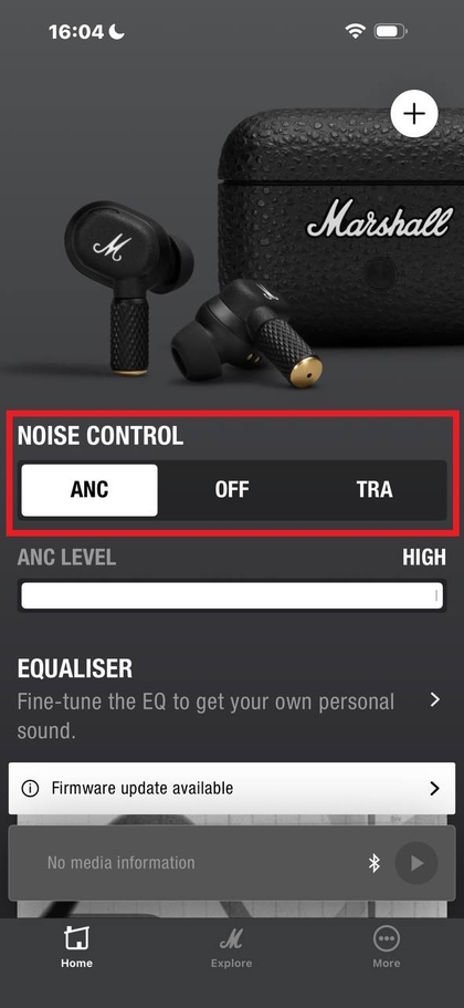 Illustration of Marshall Motif II ANC earbuds alongside the app