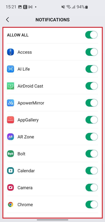 App notification settings in Zepp app