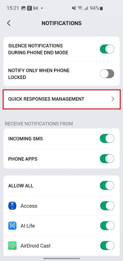 Managing quick responses in Zepp app