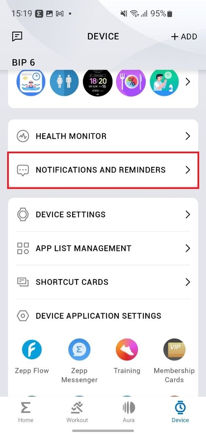 Notifications and Reminders option in Zepp app