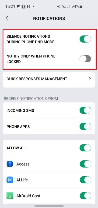 Silence notifications settings