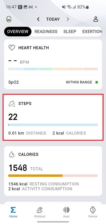 Zepp App Startseite mit Schrittinformationen