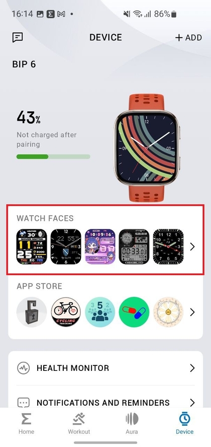 Option Cadrans de montre dans l'application Zepp