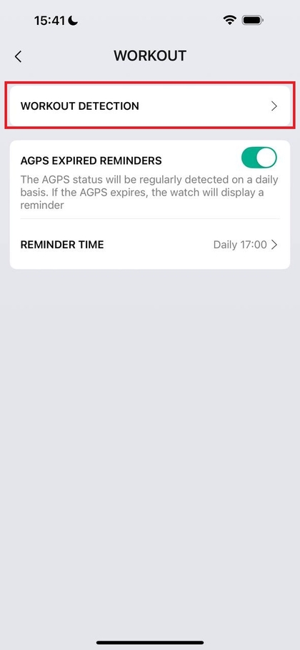 Zepp App-Oberfl&auml;che mit Einstellungen zur Trainingserkennung