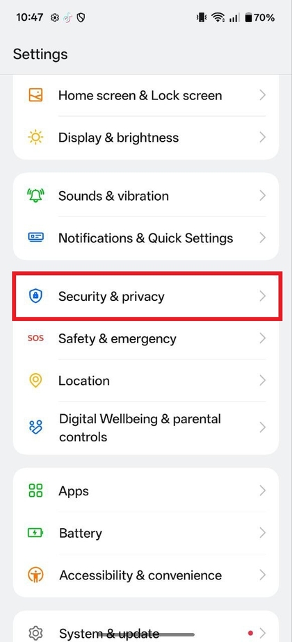 Security and Privacy settings on OnePlus 13R 5G