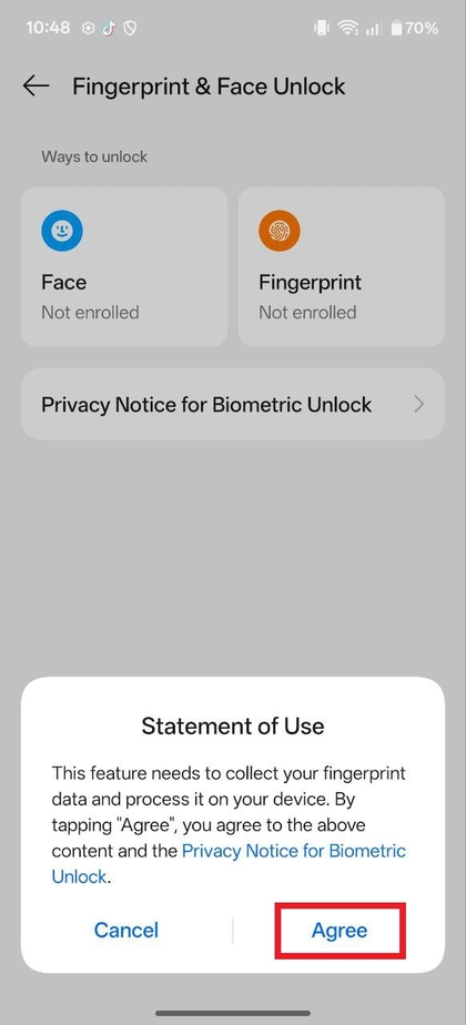Statement of use agreement for fingerprint setup on OnePlus 13R 5G