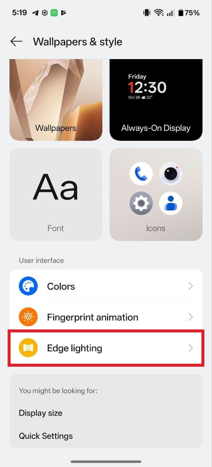Option Edge-Beleuchtung in den Einstellungen