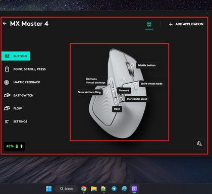 Options de personnalisation de la Logitech MX Master 4 dans Logi Options Plus